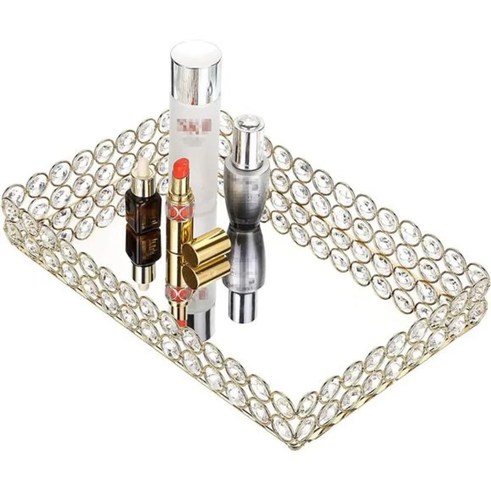 Crystal Cosmetic Vanity Tray, Mirrored Decorative Jewelry Organizer Tray